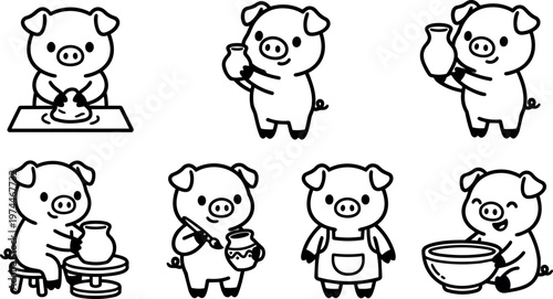 Cute black and white vector art of piglet crafting pottery on wheel and holding bowl