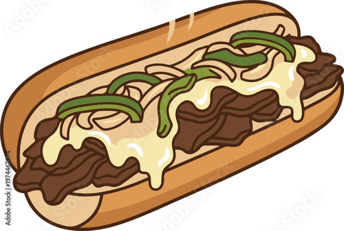 Illustration of a cheesesteak sandwich with melted cheese, sautéed green peppers, and thinly sliced beef in a soft hoagie bun.