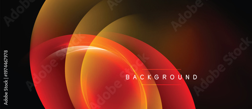 Abstract design features overlapping orange, yellow curves. Dark background enhances vibrant color gradients, creating dynamic visual effect.