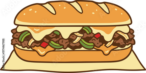 Vector illustration of a large, appetizing sandwich filled with grilled meat, fresh vegetables, and sauce inside a sesame-topped sub roll, designed in a clean cartoon style.
