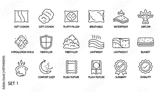 A set of vector icons illustrating features of pillows and cushions