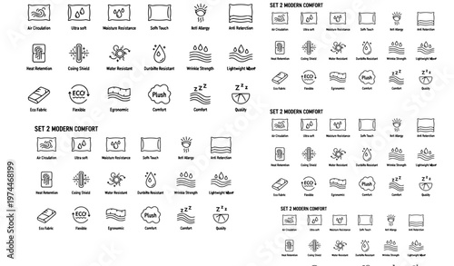 A set of modern comfort icons and illustrations in a flat design style