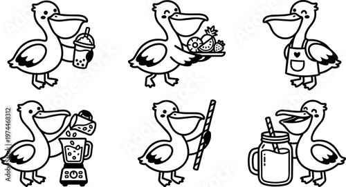 Black and white line art pelican holding fruit drink smoothie blender and apron