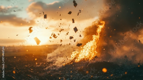 Fiery waste burning with billowing smoke and scattered ash under dramatic sunset lighting in a rural outdoor setting.