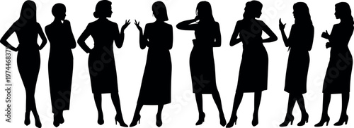 Business women silhouettes set featuring professional female figures in elegant formal wear, communication poses isolated on white background illustration