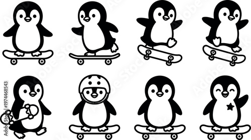 Black and white penguins skateboarding set with helmet and star mark vector art