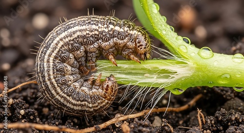 Caterpillar Eating Green Plant Stem Closeup.
