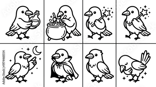 Black and white line art birds with magic potion wand and vampire cape