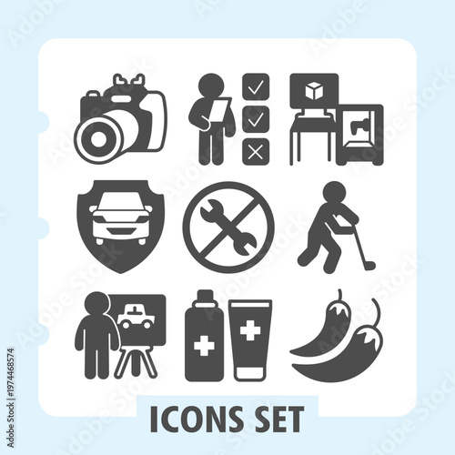 Set of nine vector glyph icons representing photography, office, security, travel, prohibition, sport, healthcare and food concepts. Ideal for web design, presentations and print on white background.