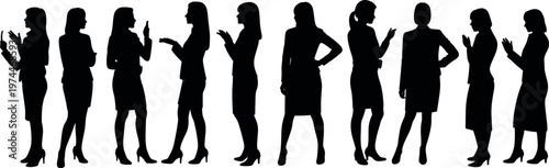 Business women silhouettes collection with professional female characters in formal attire, communication poses isolated on white background illustration set