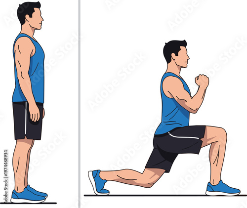 Lunge Exercise Illustration Showing Man in Starting and Lunge Positions for Strength, Flexibility, and Leg Workout