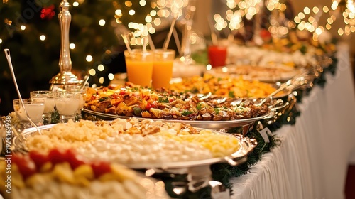 Festive holiday buffet table laden with diverse food dishes and drinks, illuminated by sparkling lights for a celebration