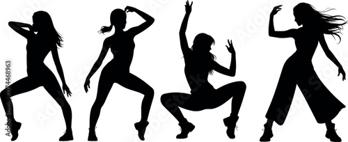 Female dancer silhouettes collection with dynamic hip hop poses and expressive movements, stylish performers isolated on white background illustration