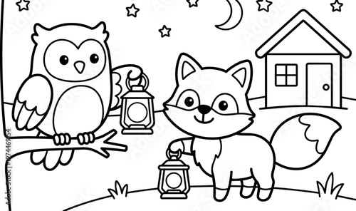 Black and white line art owl and fox holding lanterns under night sky