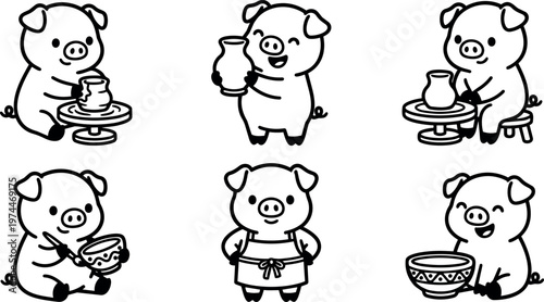 Black and white pig pottery making and holding ceramic bowls vector art
