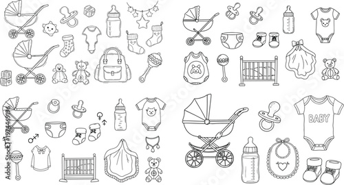 Baby Essentials Outline Icon Set with Stroller Pacifier Bottle Crib Toys Clothes Socks Bib Nursery Items Collection for Parenting Shower Cards Vector Design