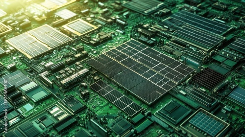 Green electronic circuit board with solar panel integration showcasing sustainable technology and innovation