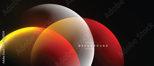Abstract circles overlap, creating vibrant color gradients. Background is black, design feels modern, dynamic.