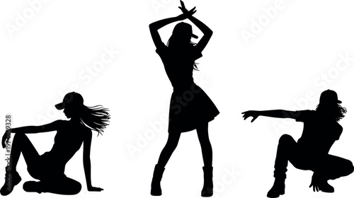 Female dancer silhouettes set with modern hip hop poses and stylish movements, dynamic performers isolated on white background illustration