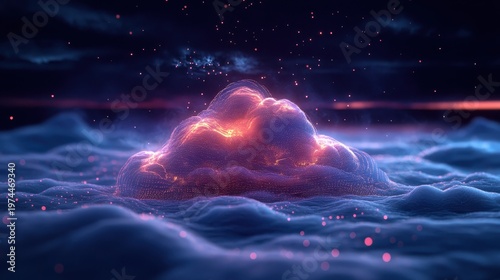 Futuristic Digital Cloud Computing with Glowing Data Elements in a Cosmic Space