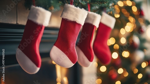 Four red and white Christmas stockings hung above a decorated fireplace, creating a warm and cozy holiday atmosphere with soft lighting.