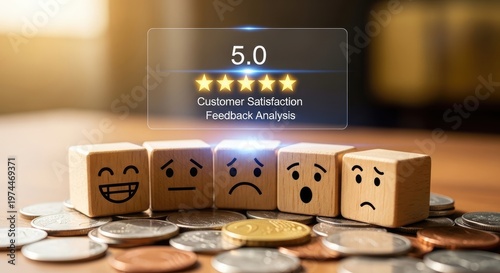 Customer feedback analysis with emoticons and coins.