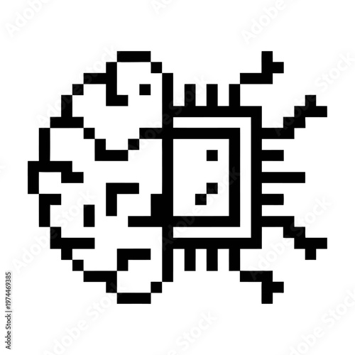 Pixel art image of a vector brain-like structure with technological elements integrated into the design