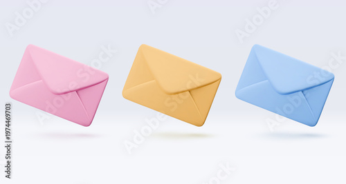 Vector 3d render envelope icon set isolated on white. Message notification, mail, newsletter subscriptions, business documents, email services. Cute illustration for banner, web, social media, app