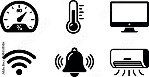Black and white icons of speedometer temperature monitor wifi bell and air conditioner