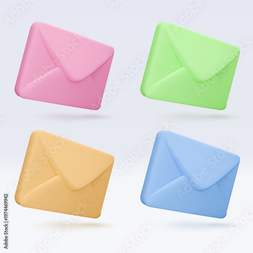 Vector 3d render envelope icon set isolated on white. Message notification, mail, newsletter subscriptions, business documents, email services. Cute illustration for banner, web, social media, app