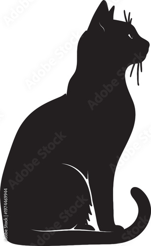 a black silhouette of a sitting cat looking to the right with its tail curled up and whiskers visible