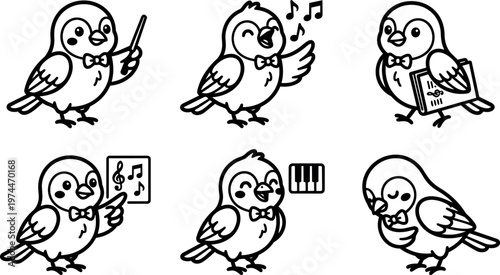Black and white line art birds with music notes piano and conductor baton