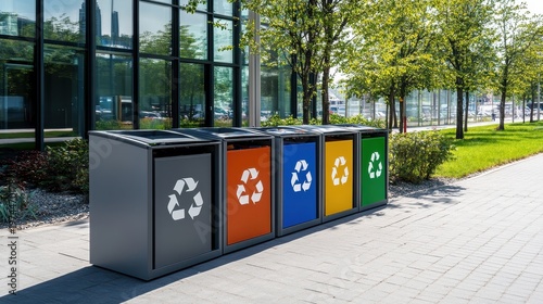 Modern recycling station with color-coded bins for waste sorting on a city street