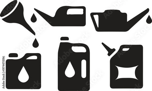 Set of Icons: Watering Cans, Funnel, and Jerry Cans with Drops