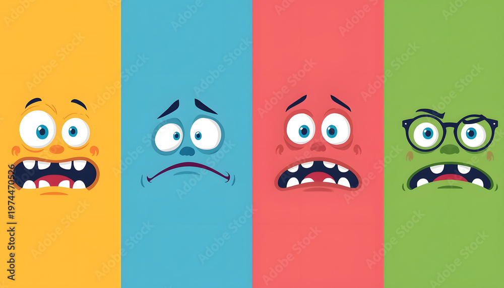 Fototapeta premium Four shocked cartoon monster faces, minimalist flat vector art, vibrant color blocking.