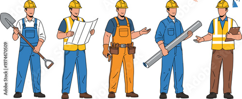 Set of construction workers characters with tools and safety gear, builders holding blueprint, shovel and pipe, professional labor team vector illustration isolated on white background