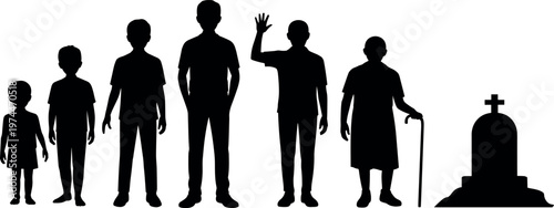Human life stages silhouettes from childhood to old age with grave symbol, aging process isolated on white background illustration