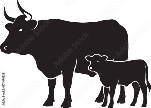 a black silhouette of a cow standing next to a smaller calf, both facing to the left on a white background