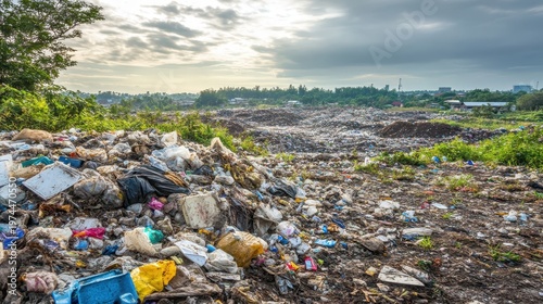 Massive landfill overflowing with construction debris and household waste under an overcast sky, a stark environmental issue.