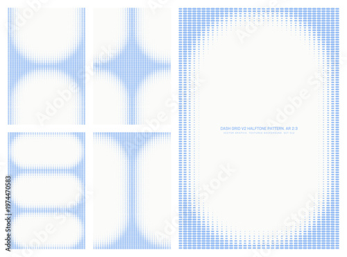 Canvas Print Assorted vector dash grid white blue halftone pattern set in vertical 2:3 aspect ratio including rounded frame and various unique borders