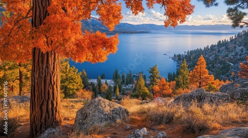 Vibrant autumn trees framing a serene lake landscape under a clear blue sky with distant mountains.