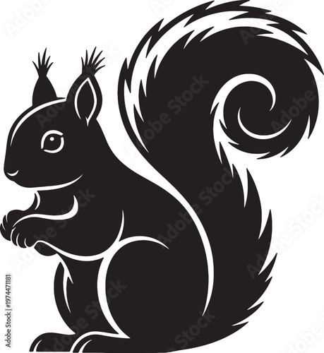 a black silhouette of a squirrel with a large fluffy tail sitting on its haunches with its front paws together looking to the left on a white background