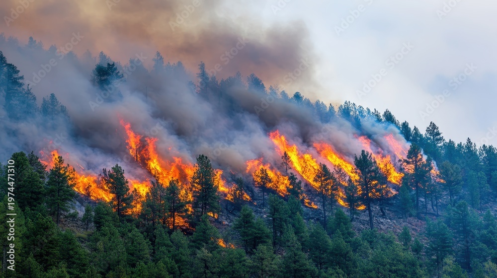 Fototapeta premium Wildfire ravages a forested hillside with intense flames and dense smoke under an overcast sky, showcasing nature's destructive power.