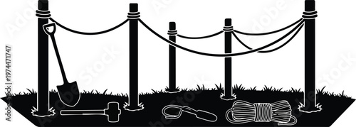 Black and White Silhouette of an Archaeological Dig Site Boundary with Rope Fence and Excavation Tools