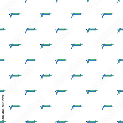 Repeat pattern featuring blue and green caulking guns on a white background