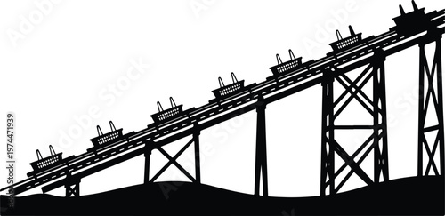 Black and White Silhouette of a Traditional Vertical Windmill with Grain Sacks and Flying Birds