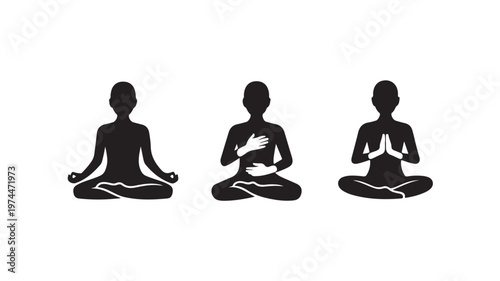 Silhouette of people meditating in different yoga poses on white background for mindfulness and wellness concepts