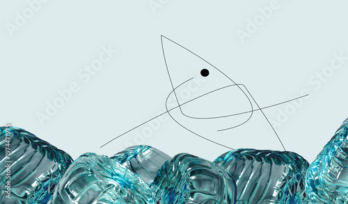 Water pollution illustrative visual, surreal ocean wallpaper. Abstract plastic bottles as waves, hand drawn shrimp. Fish, water fauna, survival, climate change, recycling issues