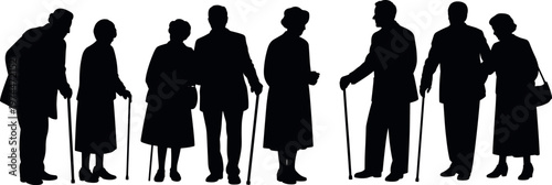 Silhouettes of elderly men and women with canes standing together isolated on white background representing aging population, support, and senior lifestyle