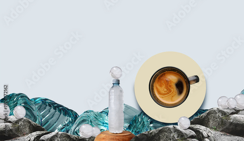 Cold coffee drinks, ice balls, clean water illustrative visual, surreal image. Abstract plastic bottles as waves, black coffee cup from above, wooden podium, rocks. Drinks industry
